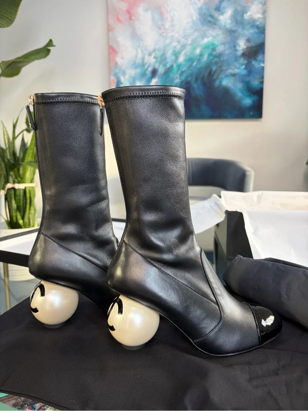 CHANEL 25K Pearl Ball Heel CC Logo Stretch Black Leather Mid Calf Boots 38.5 NIB